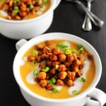 butternut squash soup with chickpeas and 2 spoons