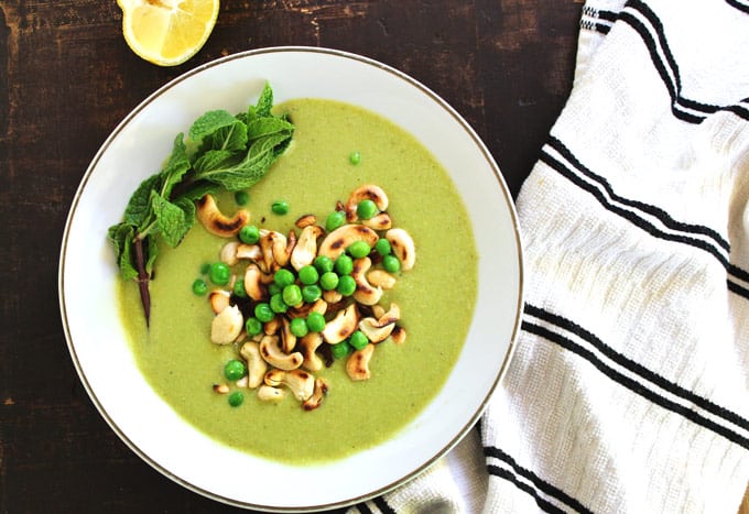 Chilled pea cucumber cashew soup with mint recipe // Rhubarbarians