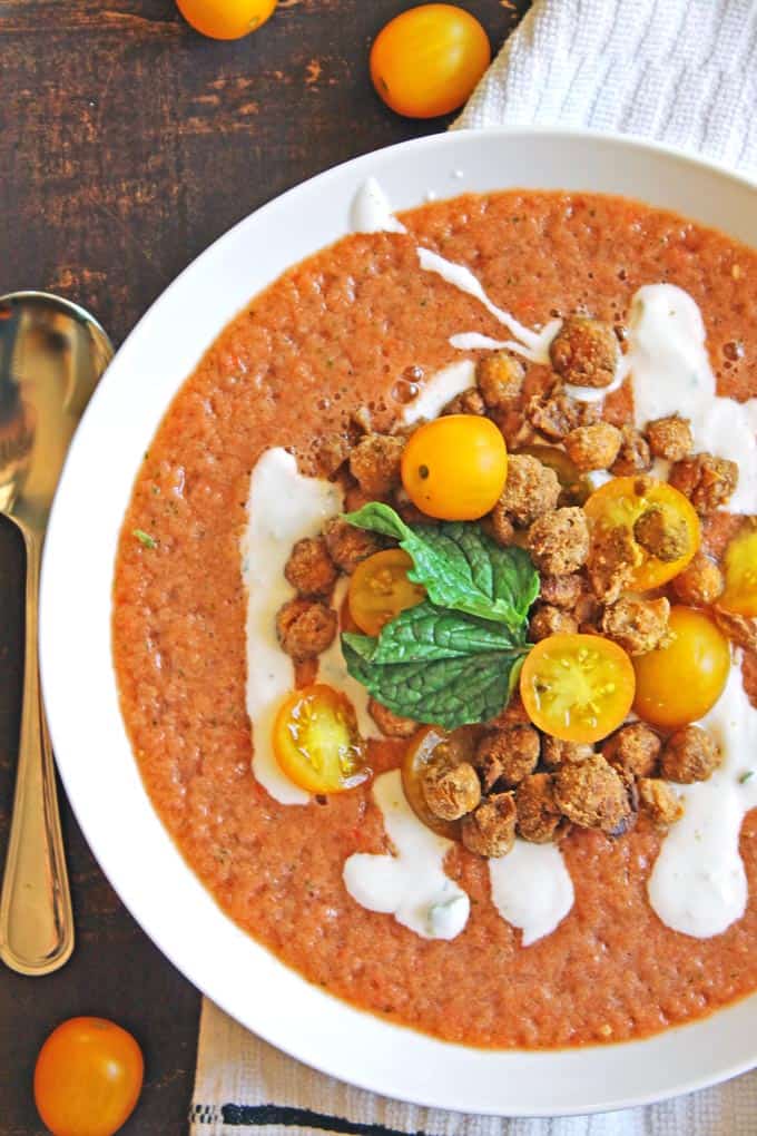 Tomato gazpacho with crispy falafel chickpeas recipe! Cold, refreshing, vegan friendly, gluten free. The perfect summer meal!