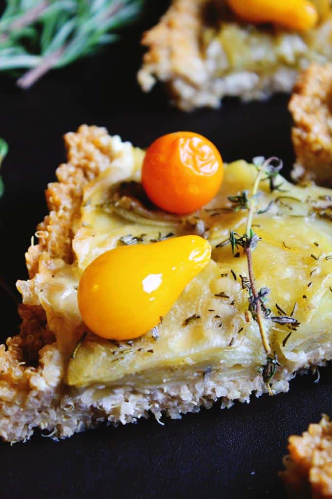 Potato tart with chevre, tomato, and quinoa crust! Delicious gluten free, vegetarian tart with savory goat cheese, thyme, and a crispy, healthy, quinoa crust! YUM!
