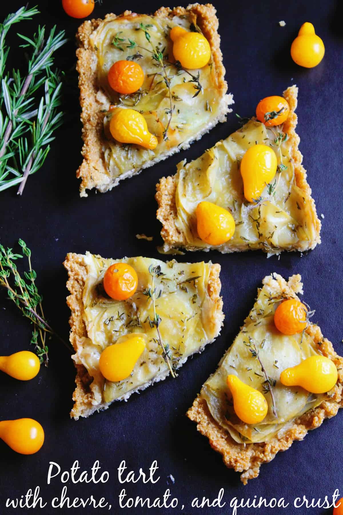 Potato tart with chevre, tomato, and quinoa crust! Delicious gluten free, vegetarian tart with savory goat cheese, thyme, and a crispy, healthy, quinoa crust! YUM!