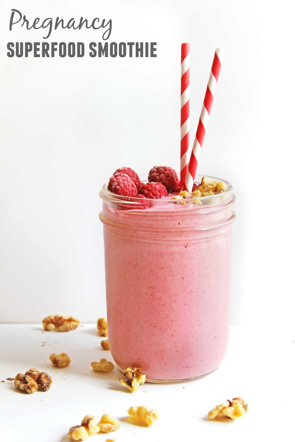 Stay healthy and happy during your pregnancy with this pregnancy superfood smoothie recipe! Plain yogurt, raspberries, bananas, and walnuts are loaded with protein, probiotics, fiber, omega fatty acids, and vitamins. So good!
