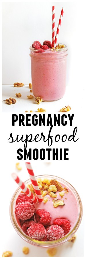 Stay healthy and happy during your pregnancy with this pregnancy superfood smoothie recipe! Plain yogurt, raspberries, bananas, and walnuts are loaded with protein, probiotics, fiber, omega fatty acids, and vitamins. So good!