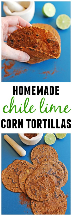 Homemade ancho chile lime corn tortillas! Simple, 3 ingredient recipe for delicious homemade tortillas. So much better than store bought!
