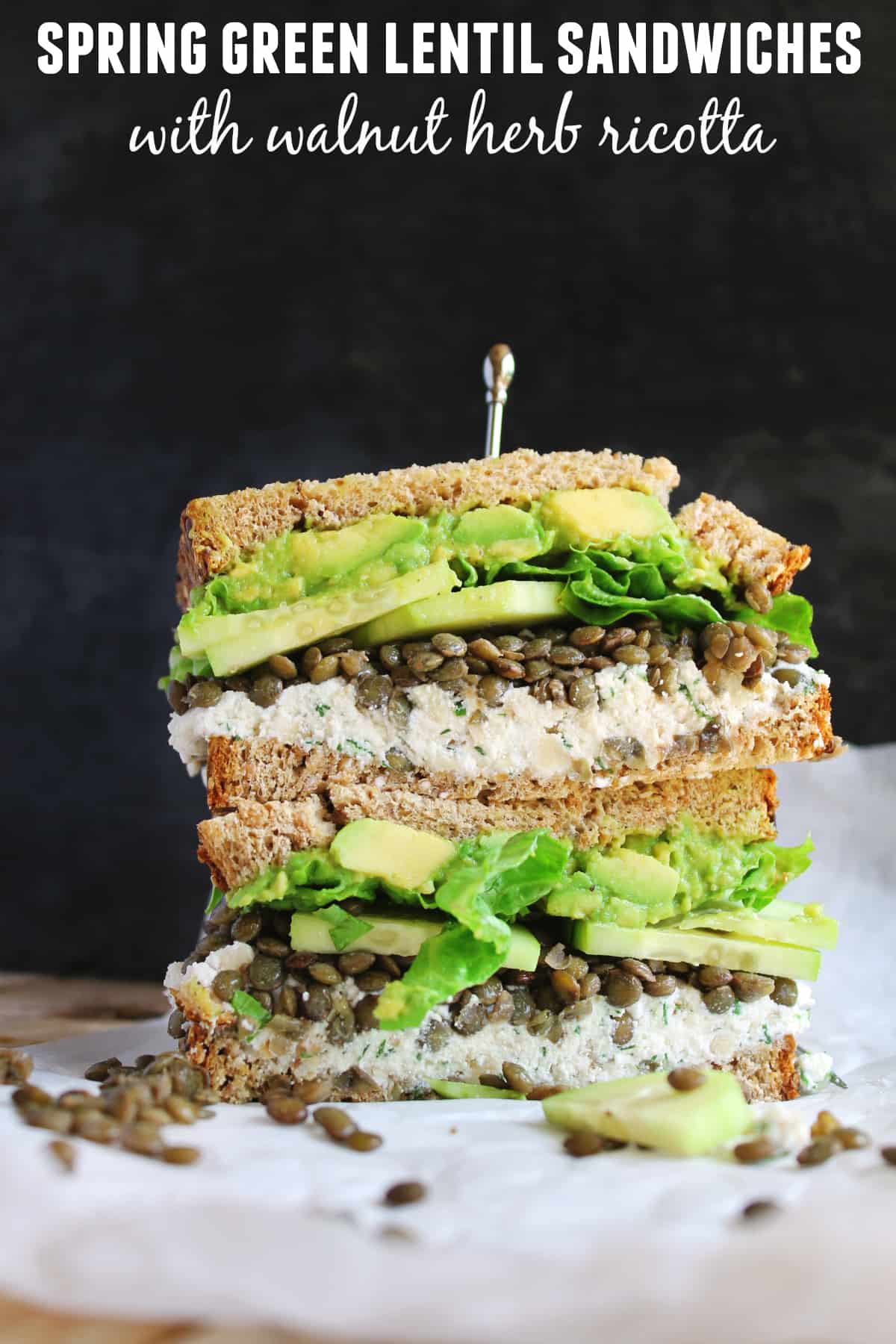 Spring green lentil sandwiches with walnut herb ricotta recipe! Delicious, vegetarian sandwiches with french green lentils, cucumber, avocado, and a walnutty herby ricotta cheese. SOOOO GOOD!