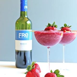 Strawberry merlot slushy mocktail recipe! Yes, you CAN enjoy wine during your pregnancy! This frozen mocktail is a blend of FRE alcohol removed wine and delicious strawberries. The perfect treat for pregnant or alcohol free wine lovers!