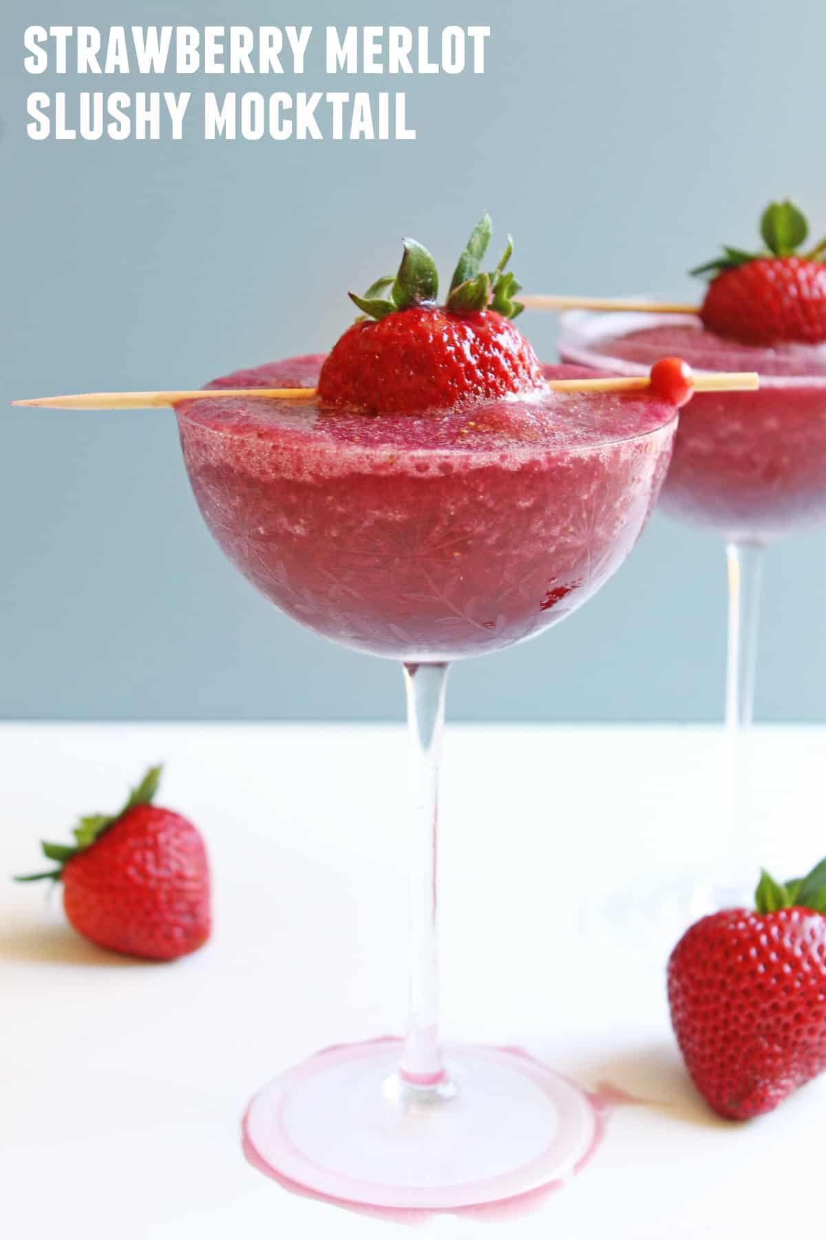 Strawberry merlot slushy mocktail recipe! Yes, you CAN enjoy wine during your pregnancy! This frozen mocktail is a blend of FRE alcohol removed wine and delicious strawberries. The perfect treat for pregnant or alcohol free wine lovers!