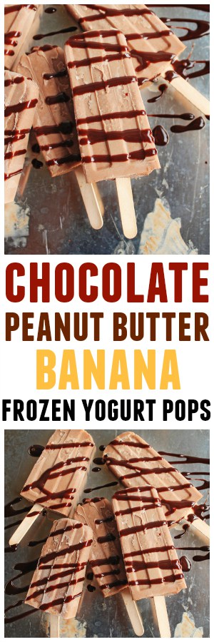 Chocolate peanut butter banana frozen yogurt pops! A healthy(ish), yet decadent recipe for chocolatey, peanut buttery, banana-y, creamy popsicles. Refined sugar-free, vegetarian, gluten free, DELICIOUS!