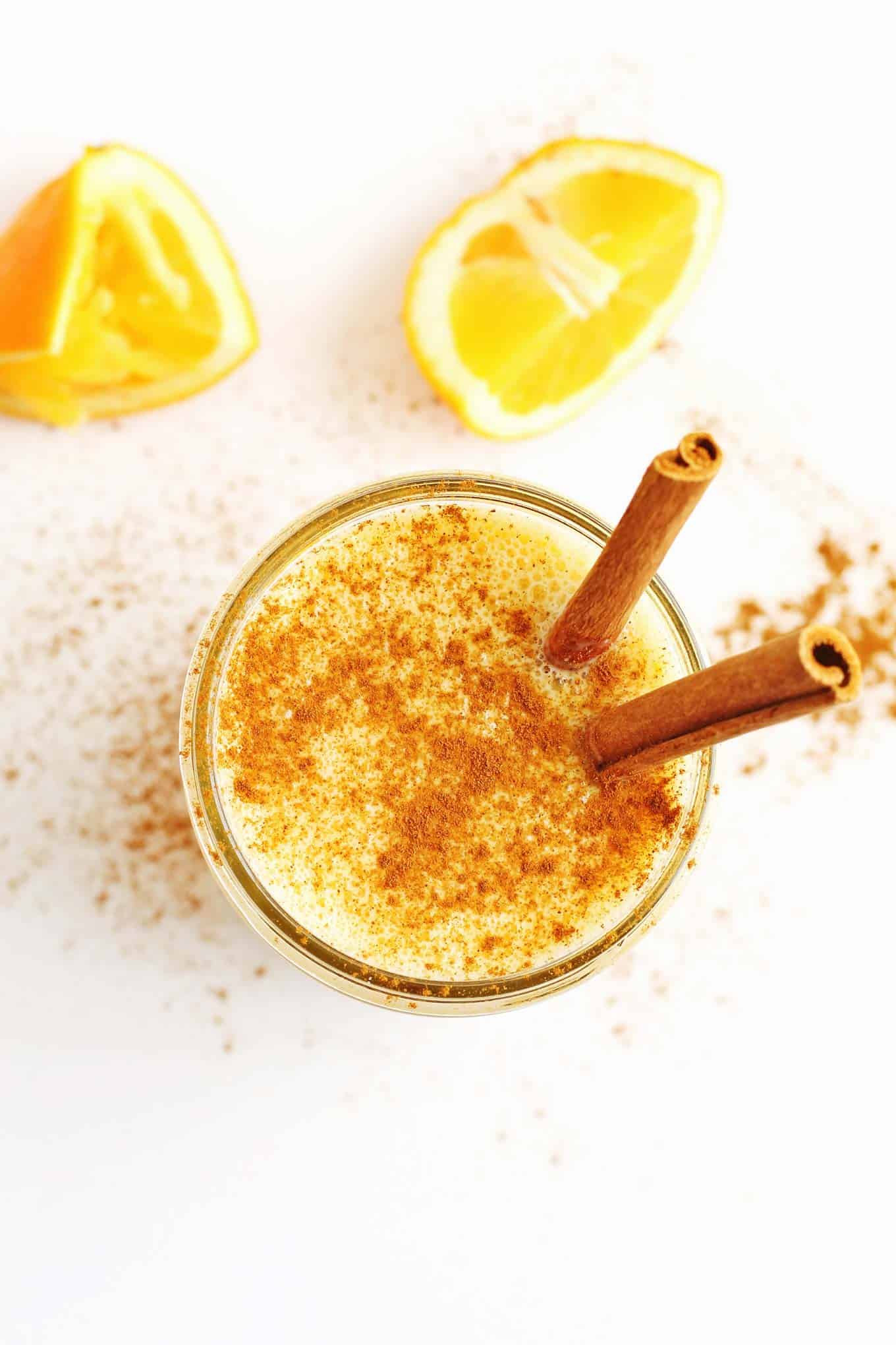 Sunshine yogurt orange smoothie with vanilla and cinnamon! Easy 4 ingredient recipe for a bright, refreshing, healthy smoothie. Perfect for breakfast or as a snack! - Rhubarbarians