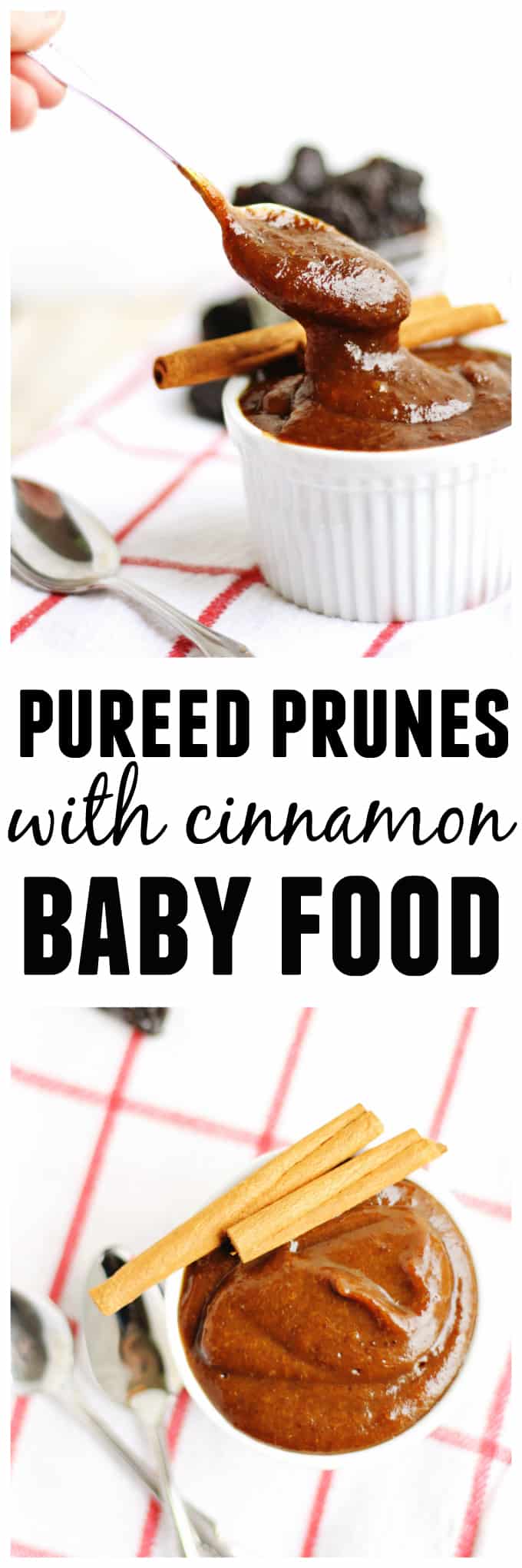 Naturally help your baby’s digestion with this homemade baby food recipe! Quick and easy pureed prunes with cinnamon are naturally sweetened, and taste absolutely delicious. SO EASY! // Rhubarbarians