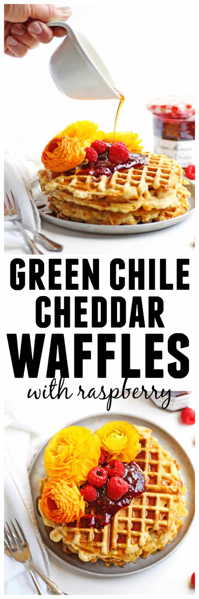 Cheesy green chile cornbread waffles with raspberry preserves recipe! An amazing, savory waffle with cheddar, walnuts, and green chiles. YUM! // Rhubarbarians // Mother’s day breakfast / Mother’s day brunch / brunch recipe / breakfast recipe