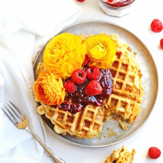 Cheesy green chile cornbread waffles with raspberry preserves recipe! An amazing, savory waffle with cheddar, walnuts, and green chiles. YUM! // Rhubarbarians // Mother’s day breakfast / Mother’s day brunch / brunch recipe / breakfast recipe