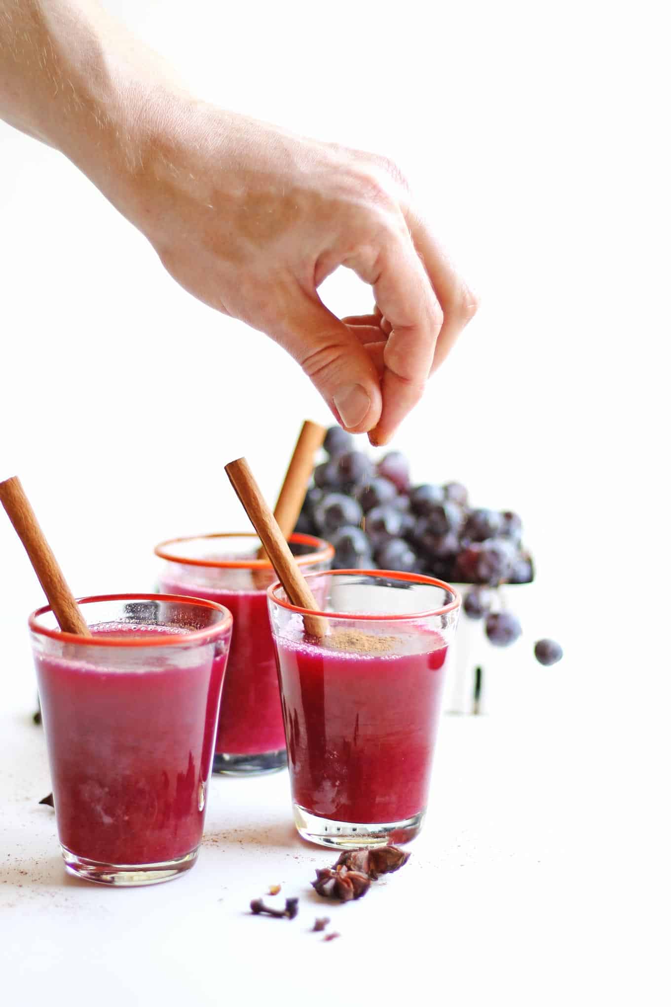 30 minute mulled concord grape cider recipe! Make a batch on your stovetop and make your house smell like fall! Sweet enough without any sugar added. The perfect drink for your fall party, or just getting cozy. Naturally vegan and refined sugar free. // Rhubarbarians #grapecider #falldrink