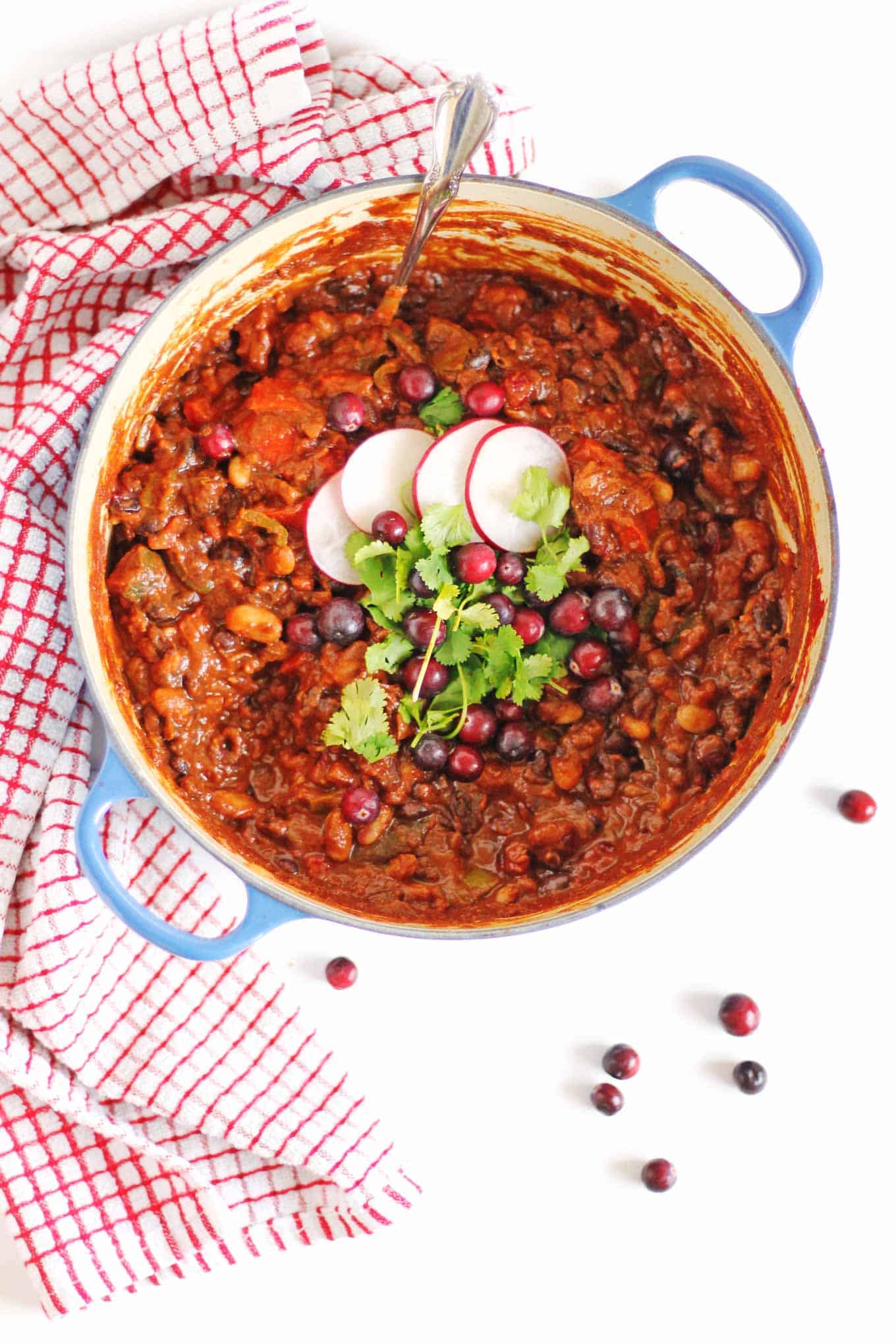 Vegan cranberry chili with cinnamon and cocoa recipe! A warming, cozy fall or winter dinner the whole family will love. // Rhubarbarians // vegan dinner / vegetarian dinner / vegan comfort food / vegetarian comfort food / cranberry recipes / savory cranberry / #vegan #vegandinner #comfortfood #falldinner #cranberry #vegetarian