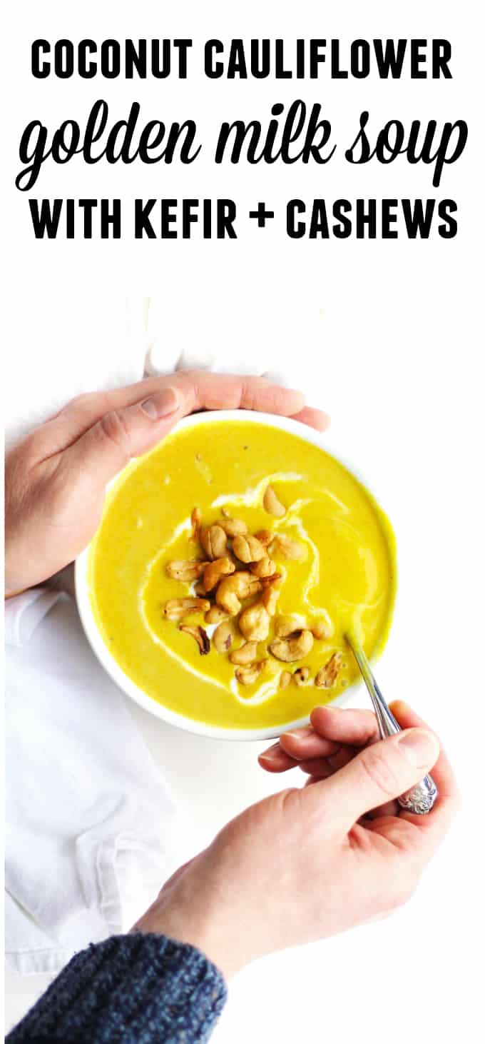 Coconut cauliflower golden soup with kefir recipe! A healing, turmeric golden milk soup with creamy cauliflower, sweet coconut, and tangy kefir. // Rhubarbarians
