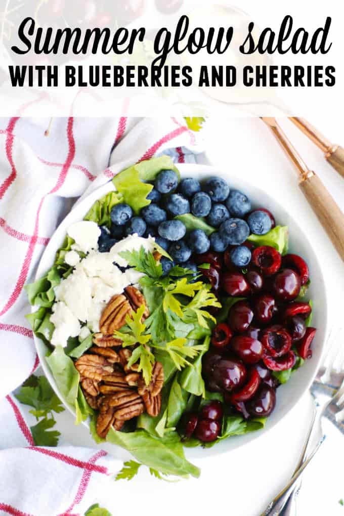 Summer glow salad with blueberries and cherries recipe! This healthy, vegetarian farmers market salad is loaded with fresh summer fruit and goat cheese. YUM! // Rhubarbarians