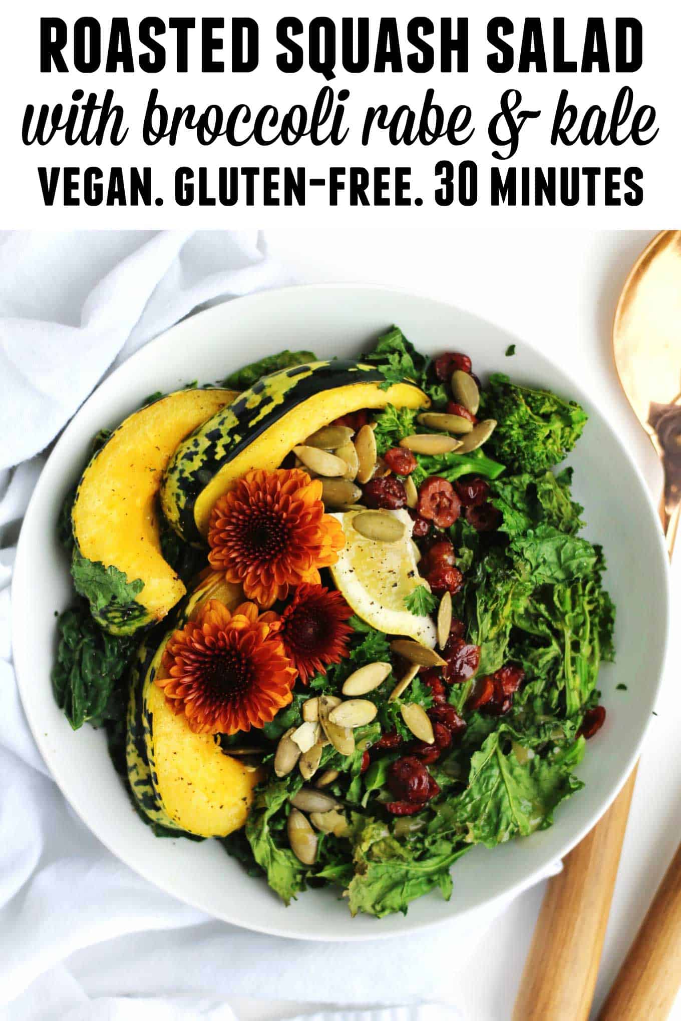 30-minute roasted squash salad with broccoli rabe and kale recipe! A warm, vegan salad perfect for a healthy weeknight dinner or meatless monday. // Rhubarbarians // vegetarian salad / dairy free dinner / gluten free meal / #roastedsquash #meatlessmonday #vegandinner #healthysalad #rhubarbarians #glutenfree