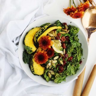30-minute roasted squash salad with broccoli rabe and kale recipe! A warm, vegan salad perfect for a healthy weeknight dinner or meatless monday. // Rhubarbarians // vegetarian salad / dairy free dinner / gluten free meal / #roastedsquash #meatlessmonday #vegandinner #healthysalad #rhubarbarians #glutenfree