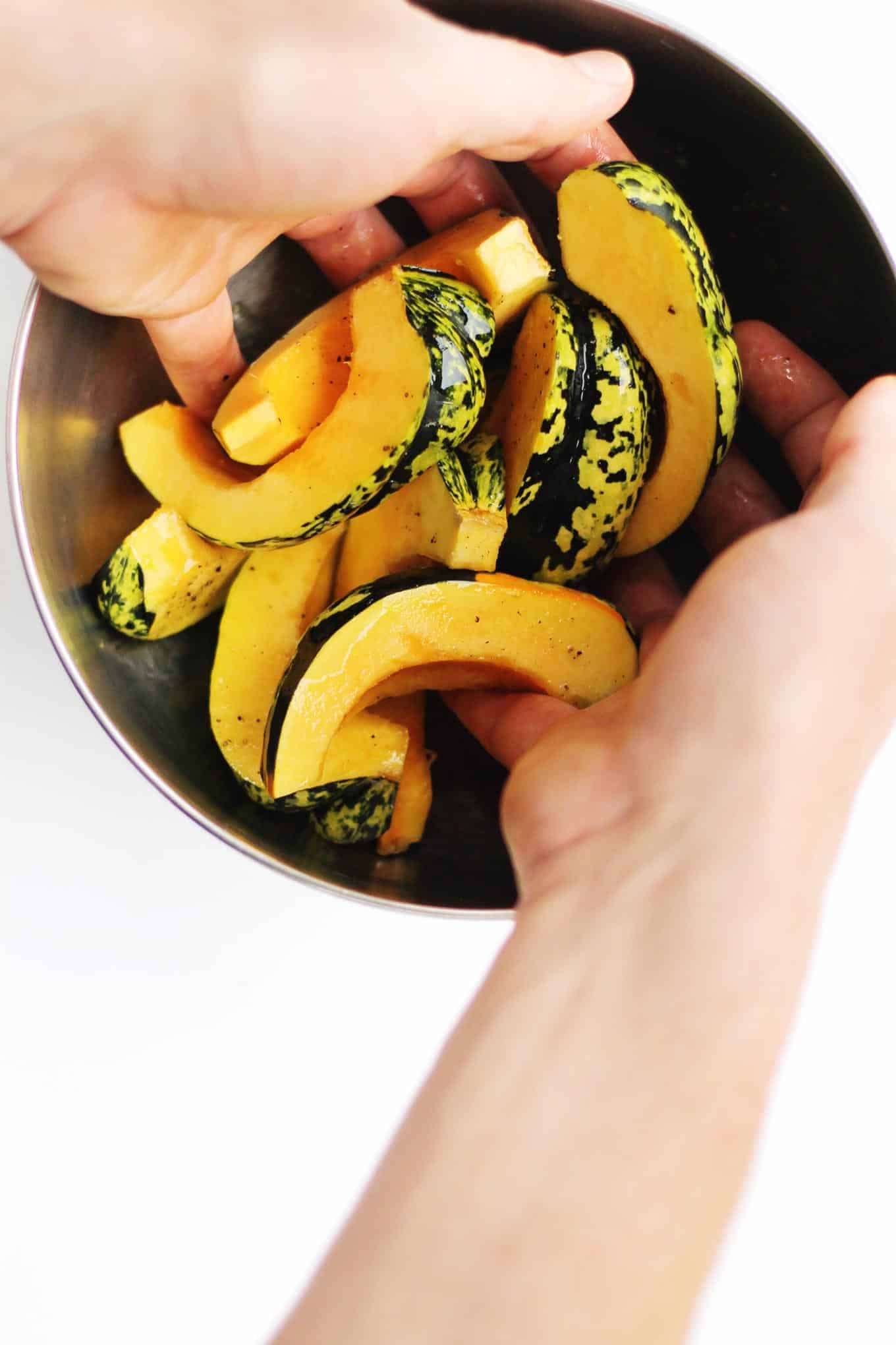 30-minute roasted squash salad with broccoli rabe and kale recipe! A warm, vegan salad perfect for a healthy weeknight dinner or meatless monday. // Rhubarbarians // vegetarian salad / dairy free dinner / gluten free meal / #roastedsquash #meatlessmonday #vegandinner #healthysalad #rhubarbarians #glutenfree