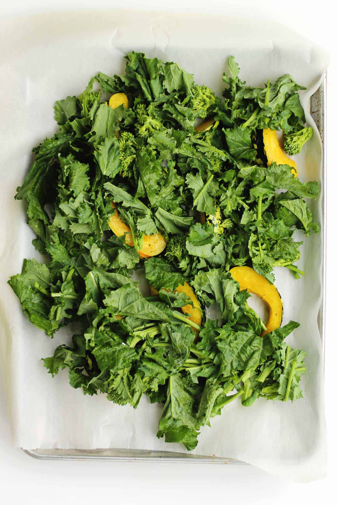 30-minute roasted squash salad with broccoli rabe and kale recipe! A warm, vegan salad perfect for a healthy weeknight dinner or meatless monday. // Rhubarbarians // vegetarian salad / dairy free dinner / gluten free meal / #roastedsquash #meatlessmonday #vegandinner #healthysalad #rhubarbarians #glutenfree