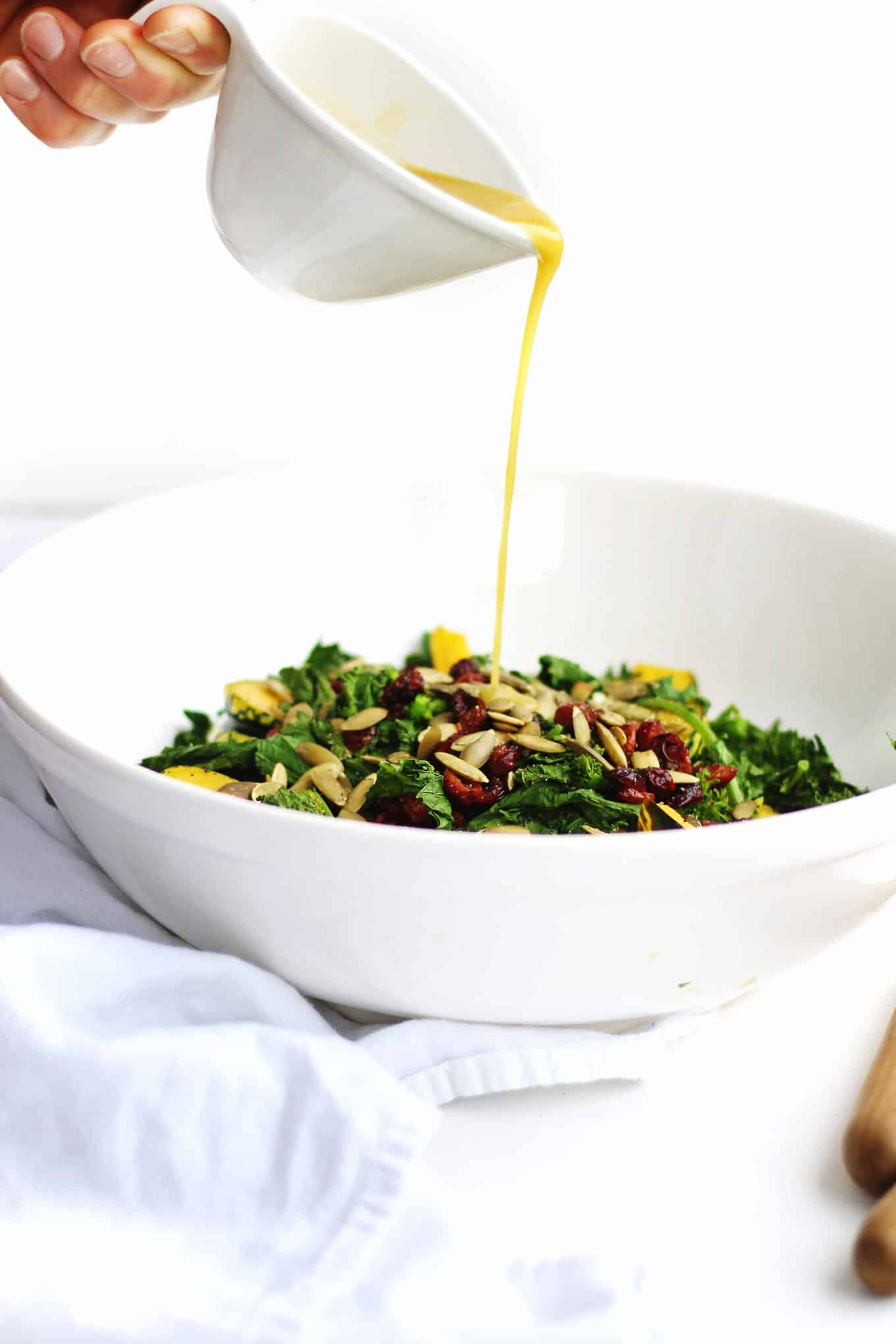 30-minute roasted squash salad with broccoli rabe and kale recipe! A warm, vegan salad perfect for a healthy weeknight dinner or meatless monday. // Rhubarbarians // vegetarian salad / dairy free dinner / gluten free meal / #roastedsquash #meatlessmonday #vegandinner #healthysalad #rhubarbarians #glutenfree