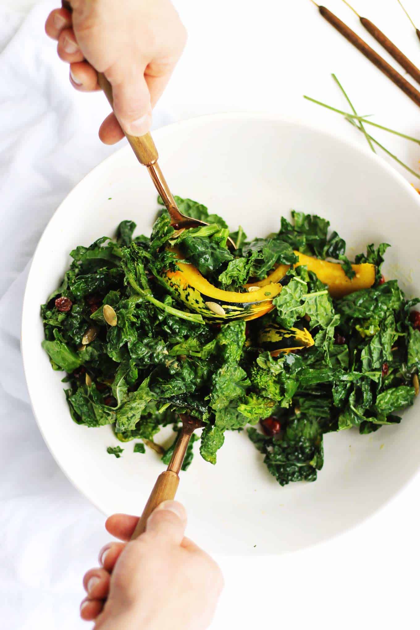 30-minute roasted squash salad with broccoli rabe and kale recipe! A warm, vegan salad perfect for a healthy weeknight dinner or meatless monday. // Rhubarbarians // vegetarian salad / dairy free dinner / gluten free meal / #roastedsquash #meatlessmonday #vegandinner #healthysalad #rhubarbarians #glutenfree