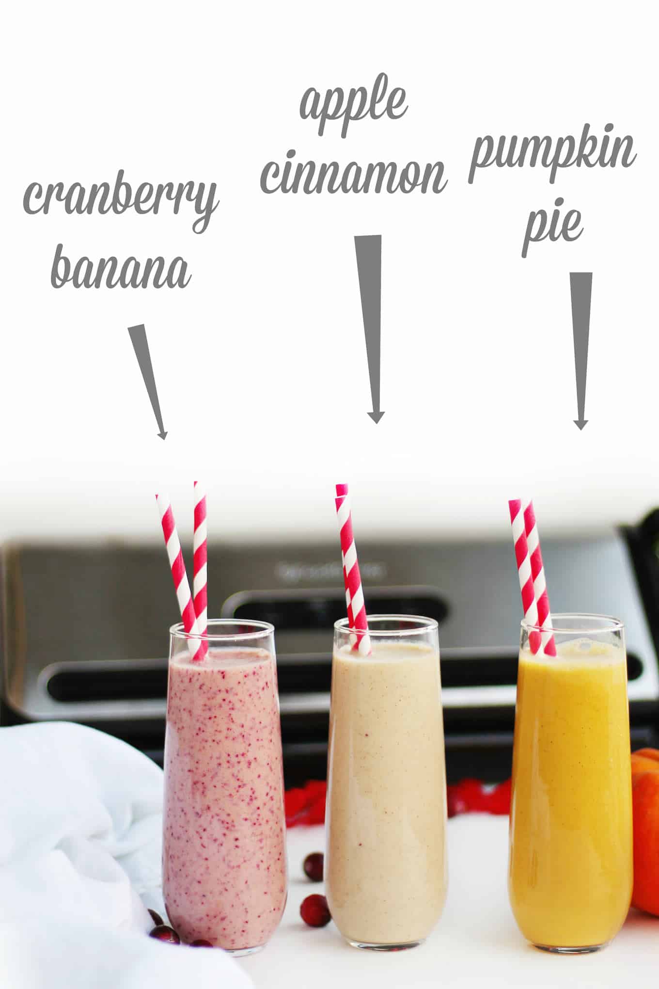3 healthy, fresh fall freezer smoothie packs recipes! Save time and money by freezing your favorite seasonal produce into ready to make and serve smoothies. // Rhubarbarians // Cranberry yogurt smoothie recipe / Apple cinnamon smoothie recipe / Pumpkin pie smoothie recipe / Grab and go breakfast / Food saver / vacuum sealer / freezer meals / toddler kid friendly snack / #freezerpacks #fallsmoothies #rhubarbarians