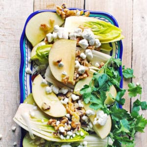 A photo of a Belgian endive salad with apples and goat cheese.