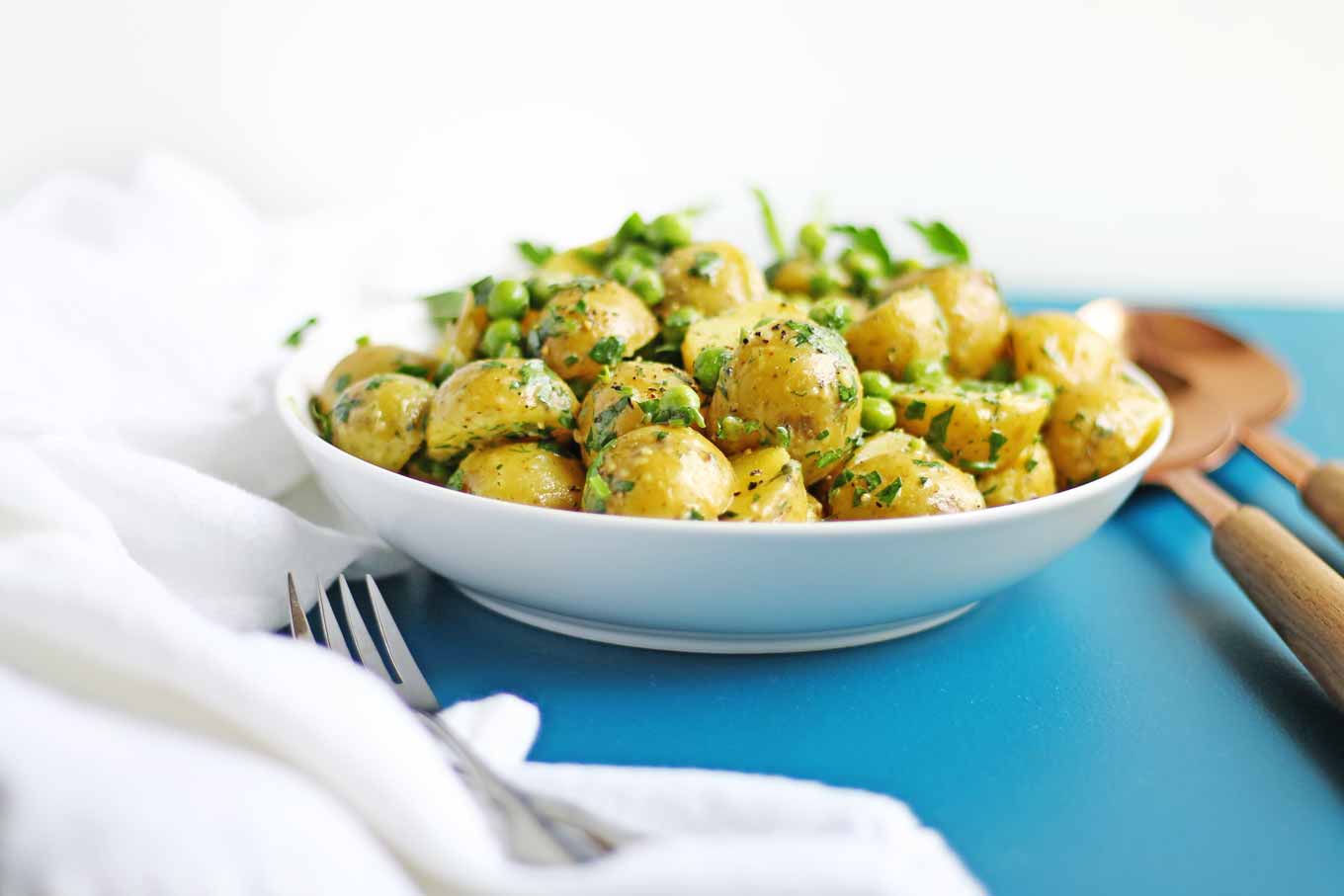 Healthy vegan potato salad recipe with peas and herbs - Rhubarbarians