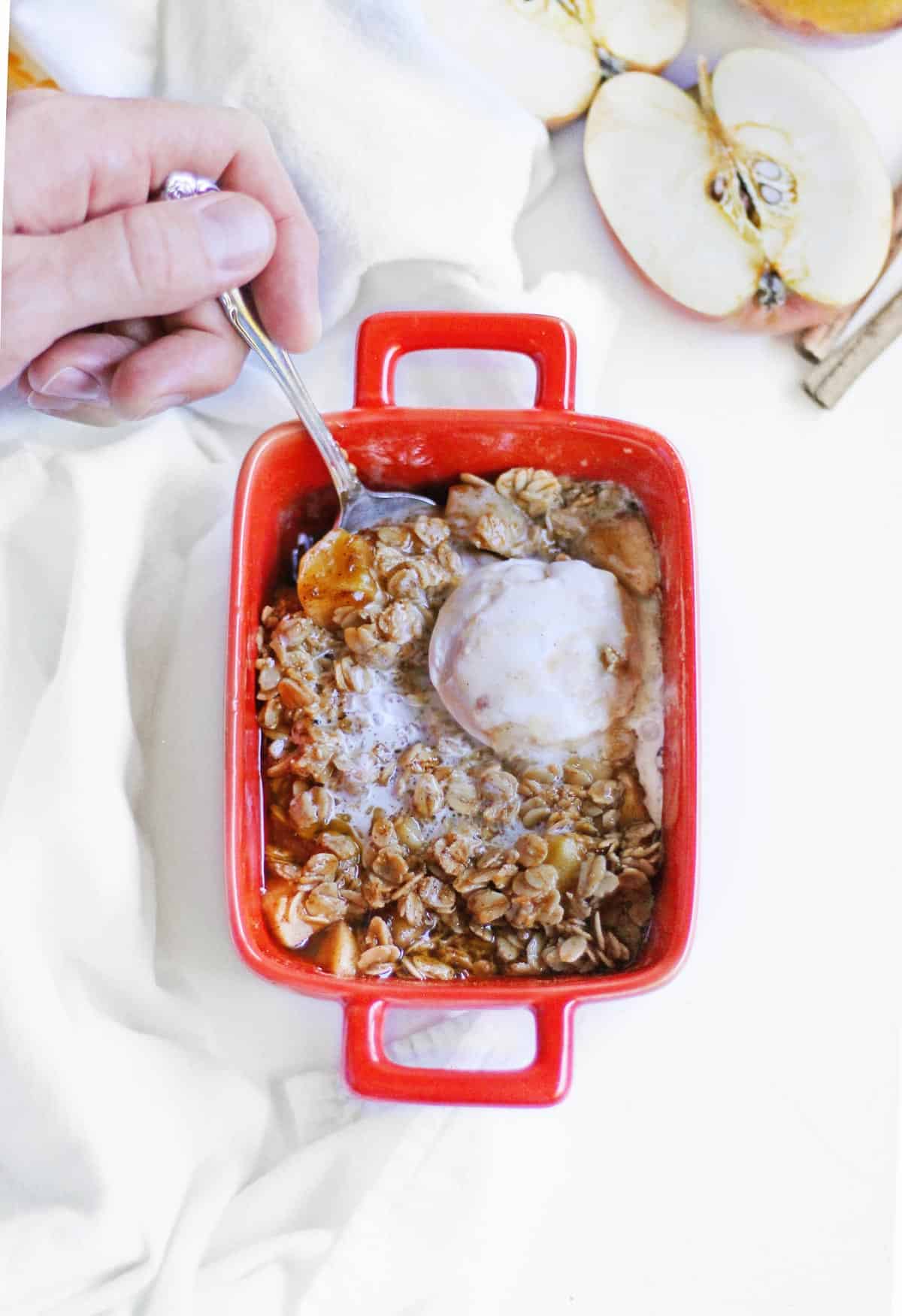 individual apple crisp with ice cream