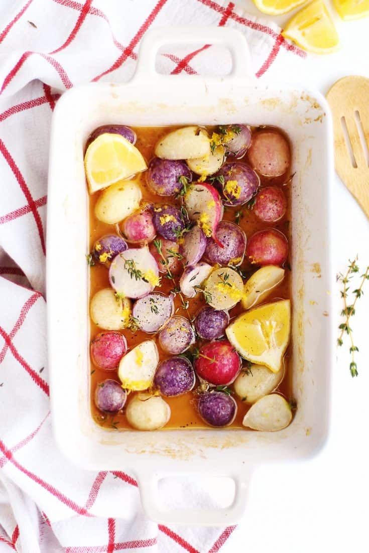 Easy honey butter roasted radishes with lemon and thyme Rhubarbarians