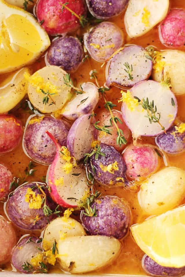 Easy honey butter roasted radishes with lemon and thyme Rhubarbarians