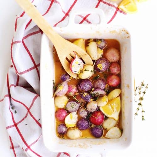 Easy honey butter roasted radishes with lemon and thyme Rhubarbarians