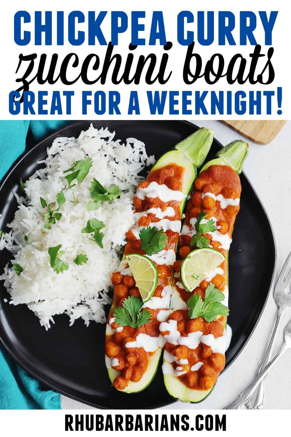 Easy vegetarian chickpea curry stuffed zucchini boats Rhubarbarians