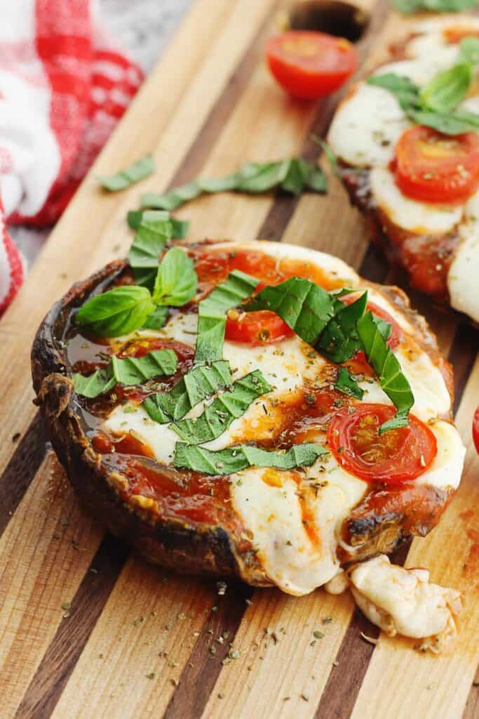 Caprese portobello mushroom pizza with melty cheese
