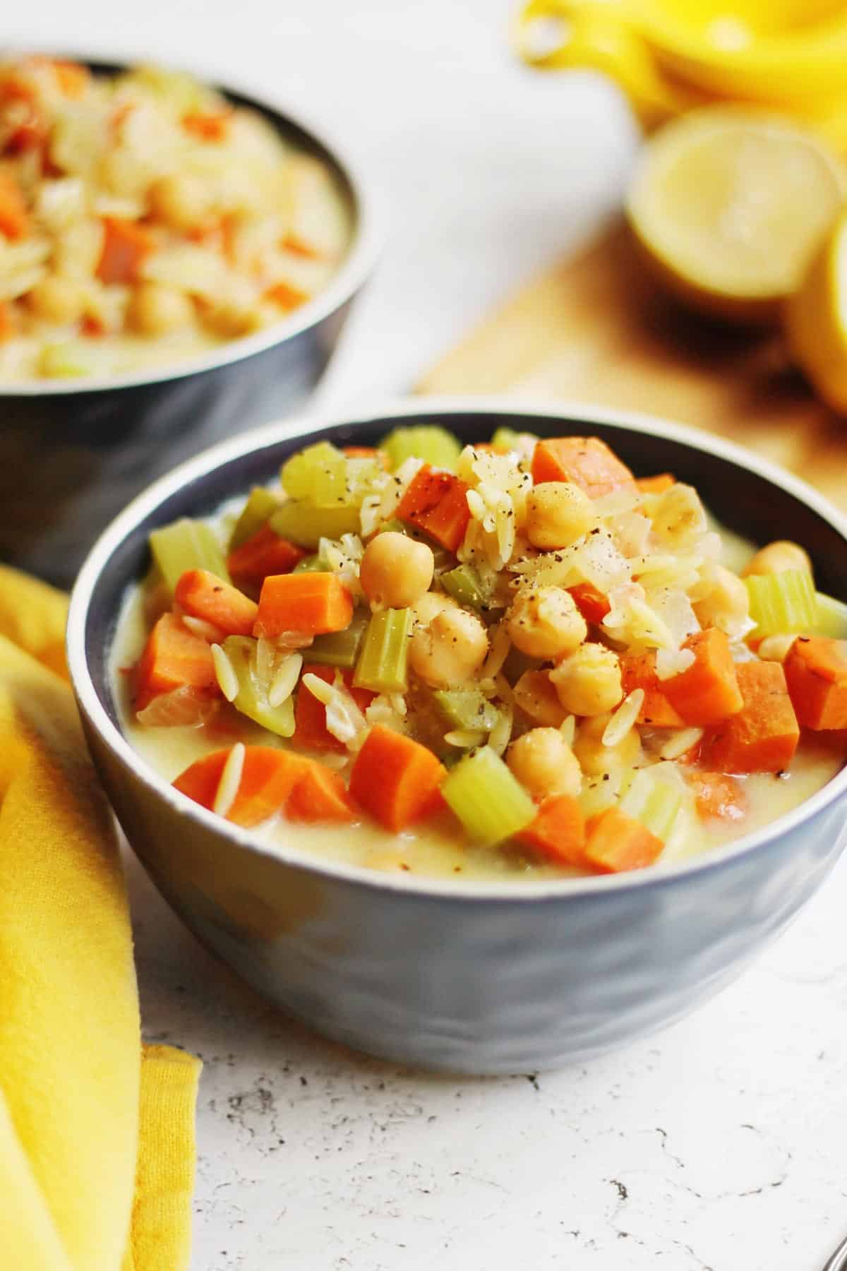 Chickpea lemon rice soup in a bowl