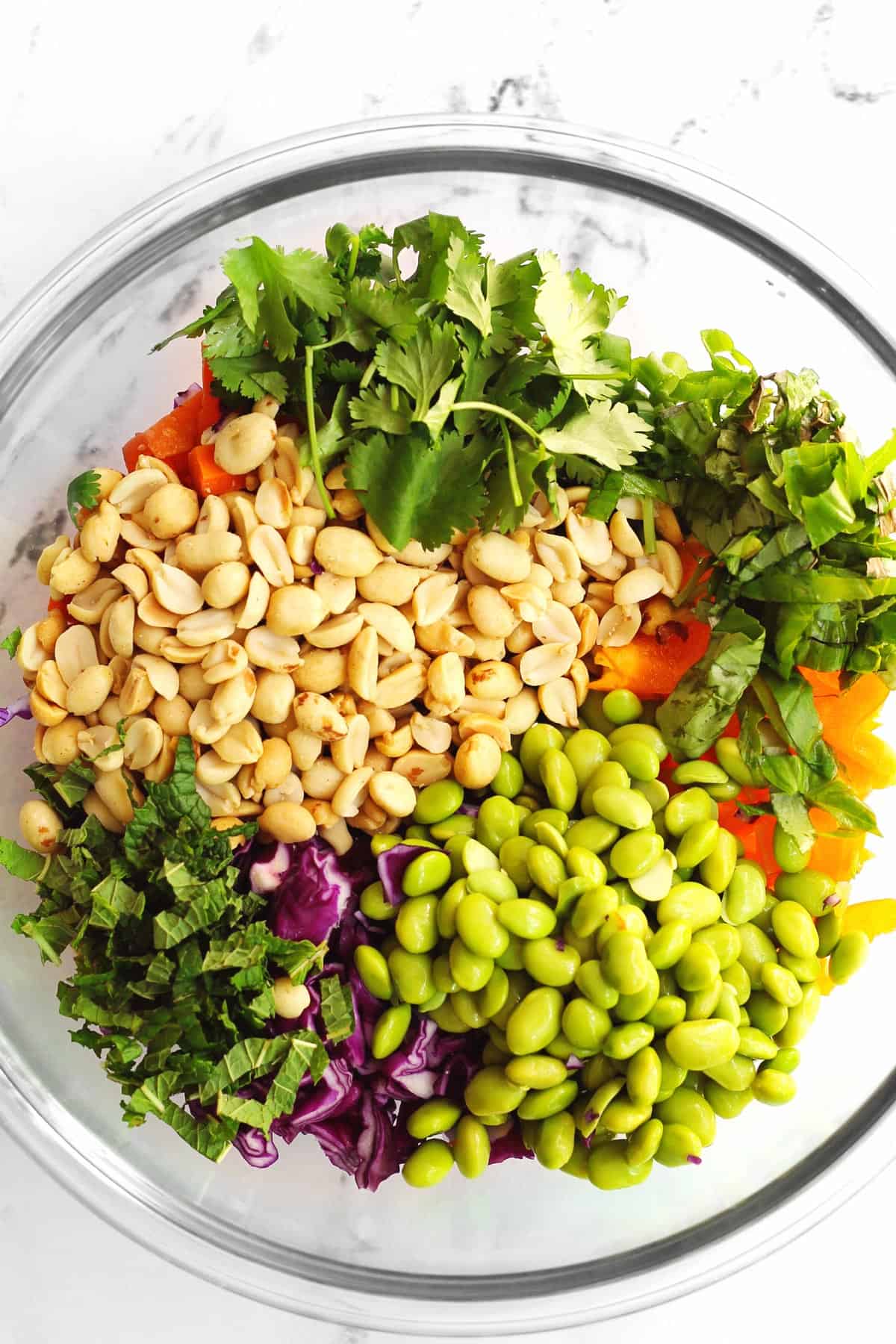 Thai peanut salad in a glass bowl