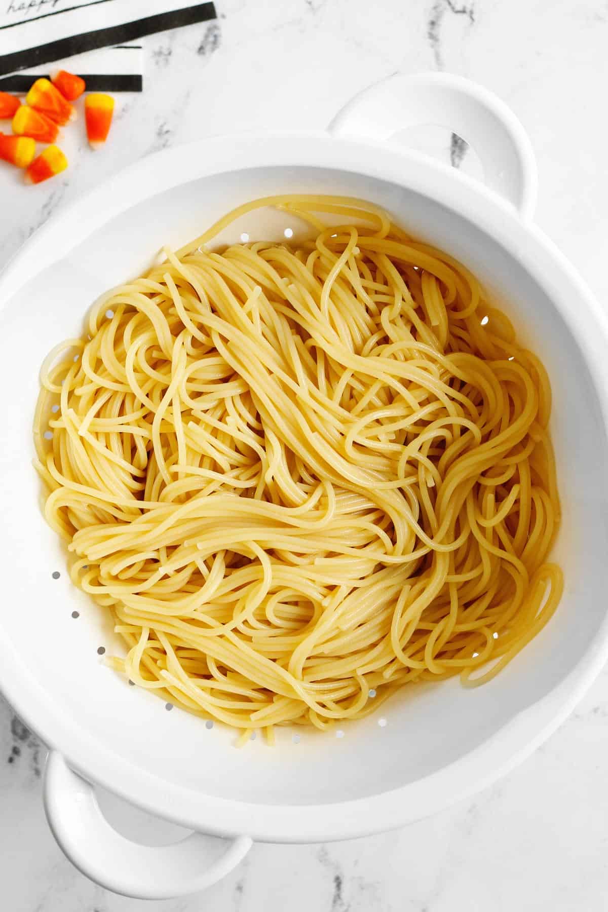 Spaghetti in a strainer