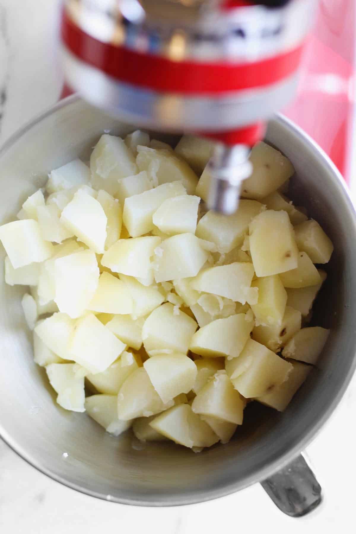 Cooked potato cubes in a stand mixing bowl