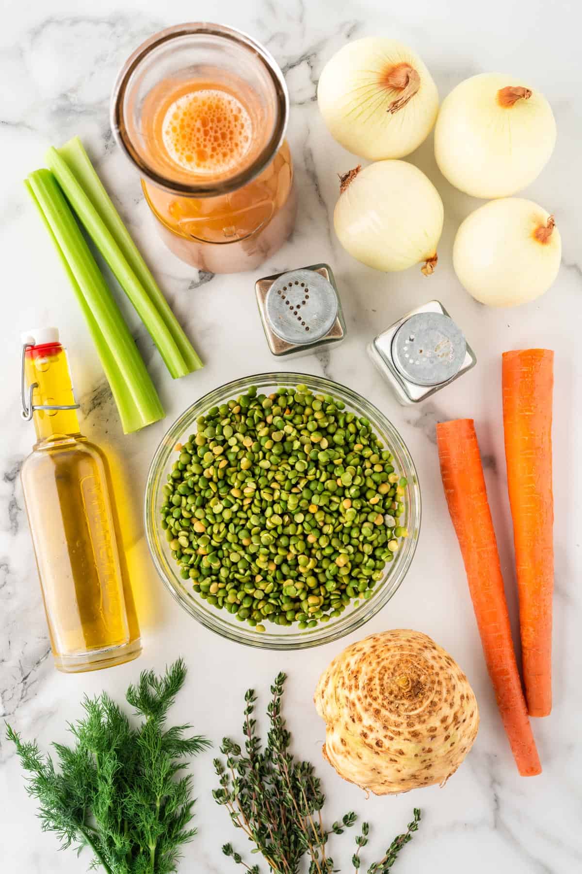 A photo of the ingredients needed to make vegetarian split pea soup.
